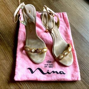 7 M Nina New York Cream Gold Satin Ankle Strap Rhinestone Ribbon Pumps Wedding